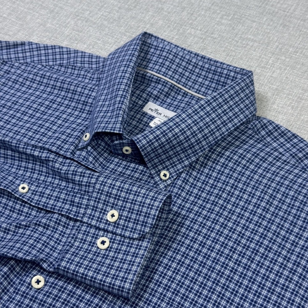 Peter Millar Cotton Cashmere Blend Button Shirt Mens XL‎ Blue Check Long Sleeve